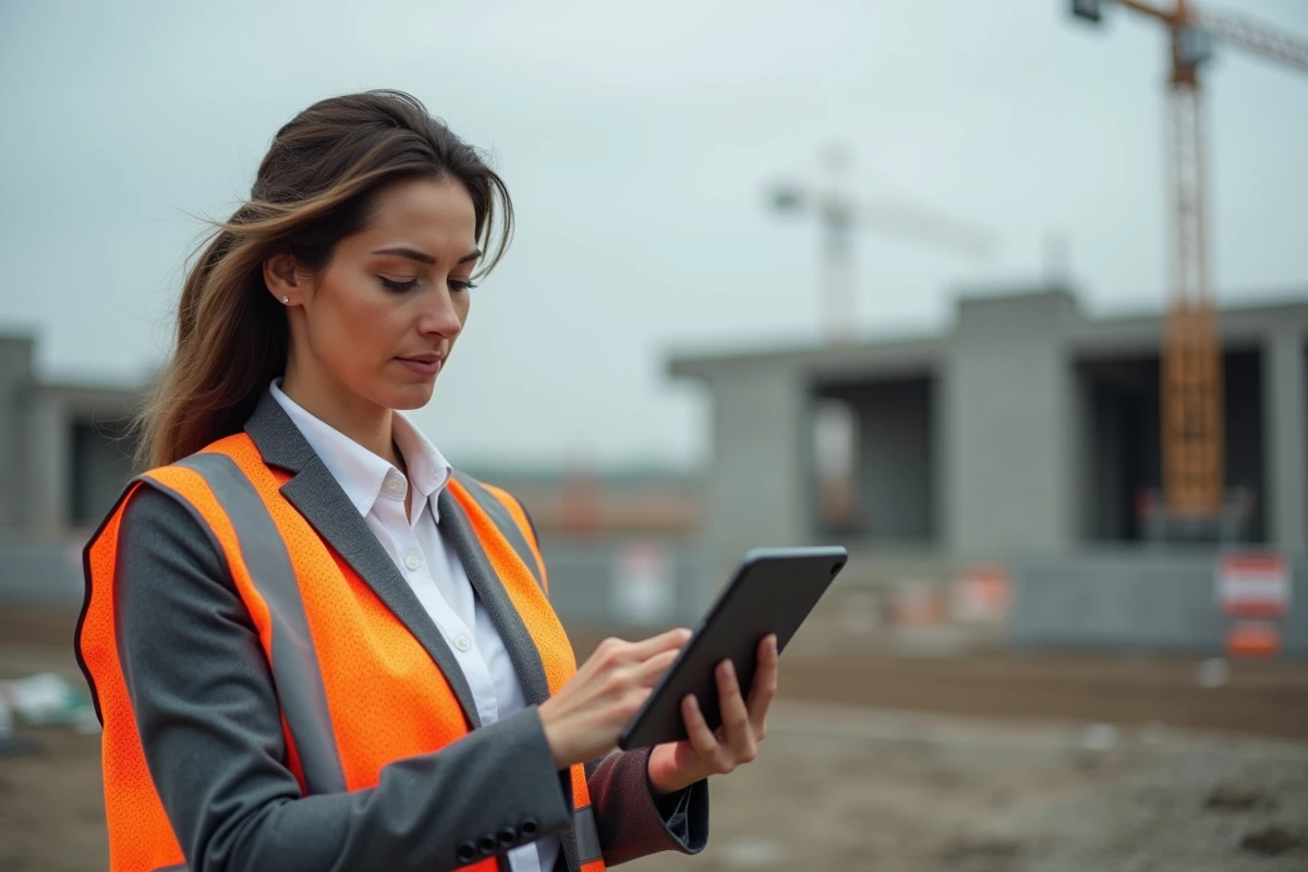 Femme chef de chantier accédant à mon-cercle-btp.fr depuis une tablette sur un chantier