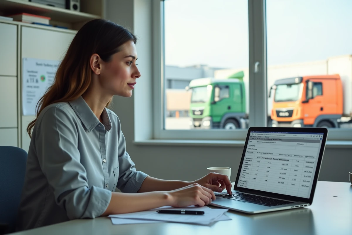Administratrice logistique analysant un tableau de calcul de salaire de conducteur poids lourd sur ordinateur portable dans un bureau de transport