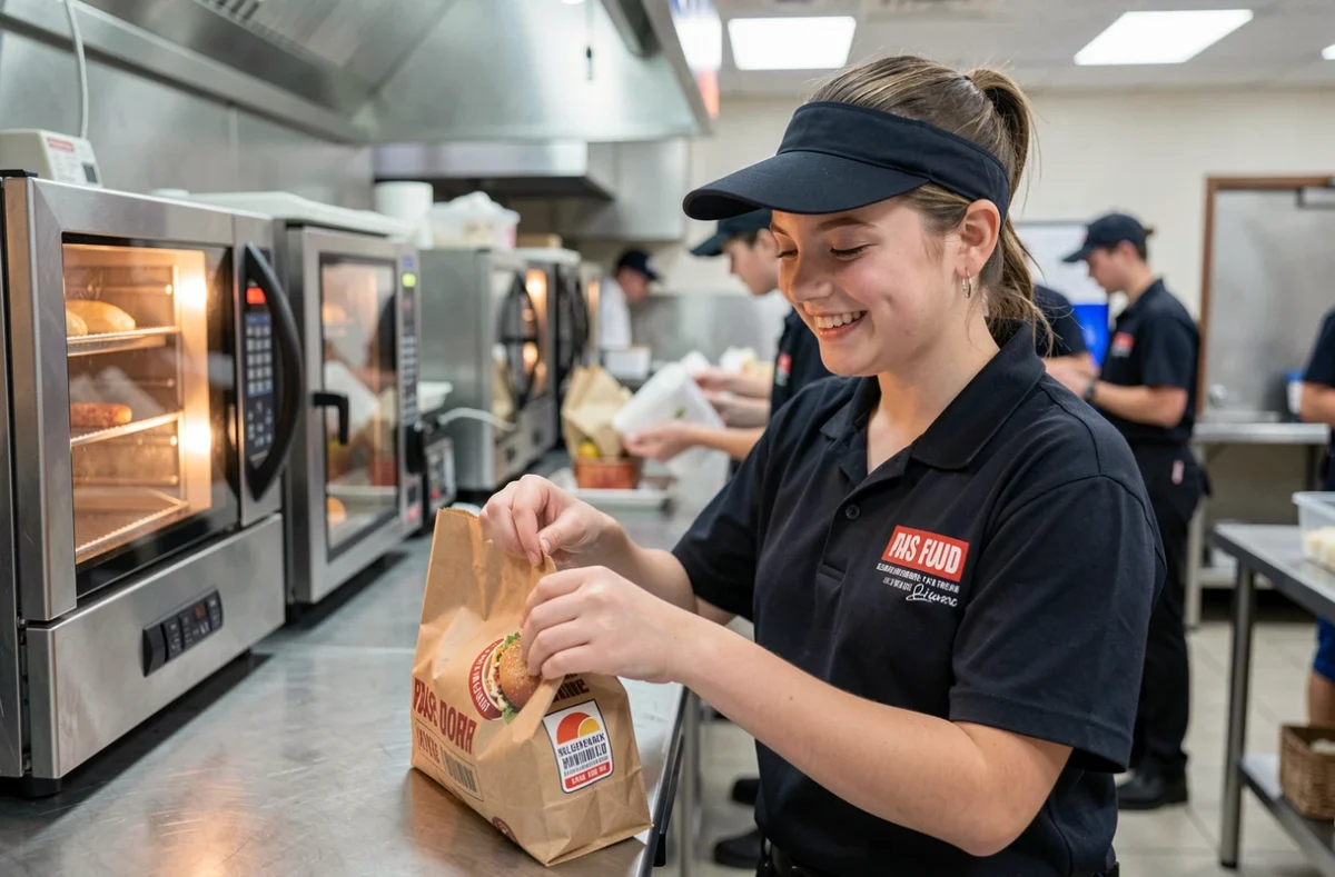 Adolescente de 16 ans en uniforme préparant une commande dans la cuisine d'un McDonald's en banlieue