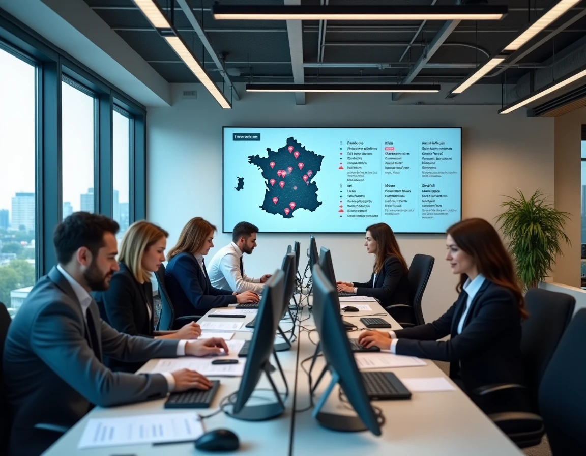 Open-space d'un cabinet de recrutement multisectoriel avec équipe active et carte des implantations nationales à l'écran