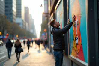 Personne posant une affiche colorée en ville en journée