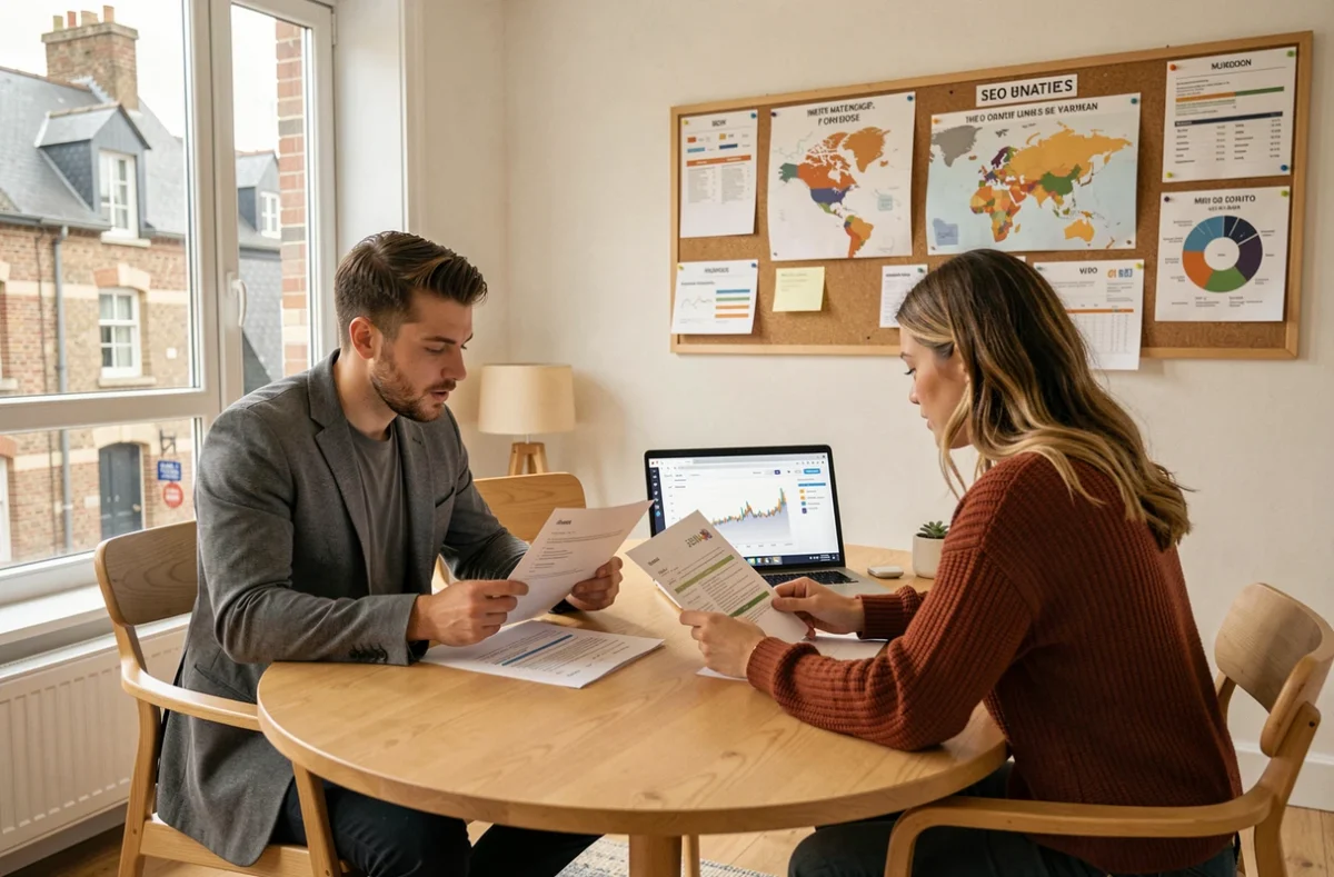 Équipe de l'agence Aurone en réunion stratégique autour d'un audit SEO avec des documents imprimés et un tableau de bord analytique