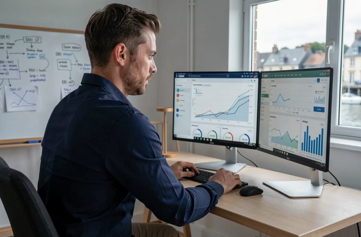 Stratège SEO de l'agence Grizzlead analysant des rapports de performance de référencement naturel sur deux écrans dans un bureau moderne