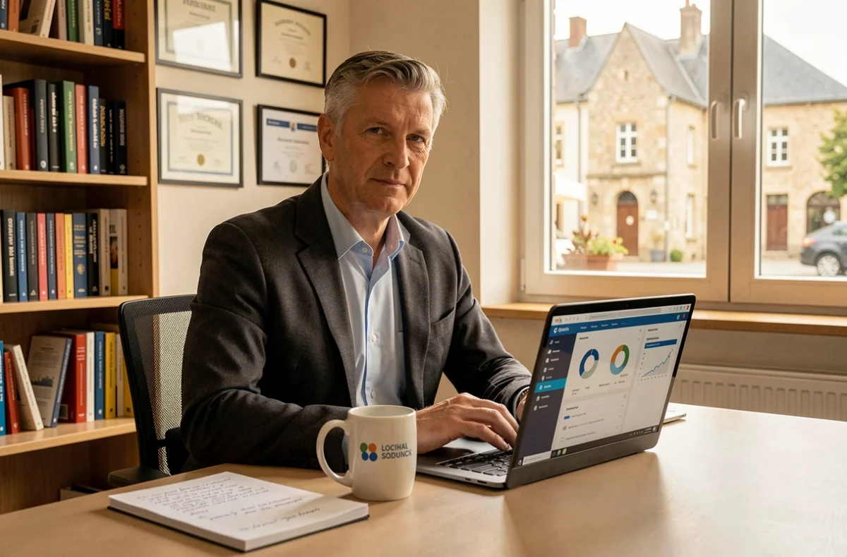Expert digital de Mon Expert Digital consultant son tableau de bord SEO local depuis son bureau professionnel dans le Morbihan