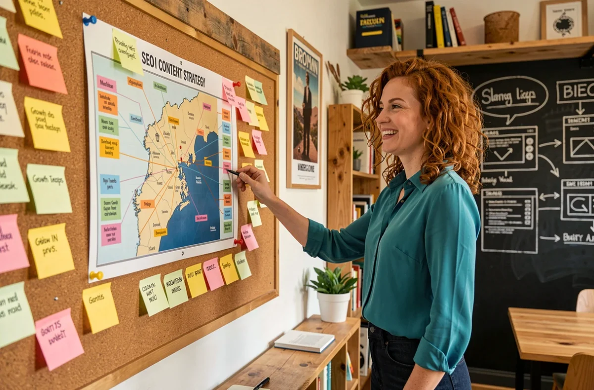 Directrice créative de l'agence Objectif Papillon organisant une stratégie SEO visuelle sur un tableau de liège dans son agence bretonne