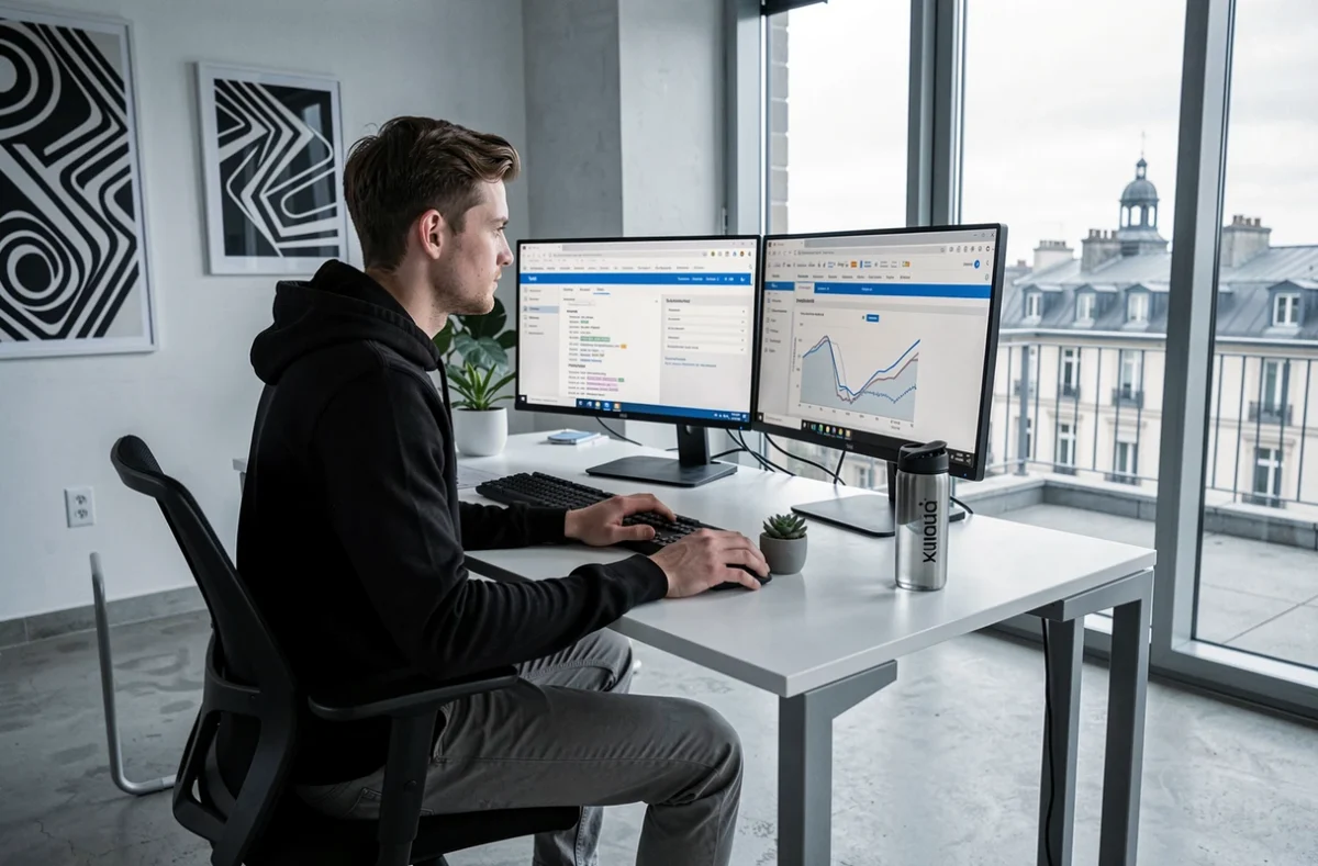 Spécialiste SEO de l'agence Snazzy travaillant sur des outils de recherche de mots-clés et d'optimisation de sites web dans un bureau minimaliste