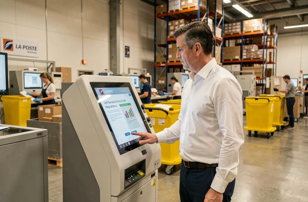Agent masculin de La Poste utilisant une borne tactile en centre de tri pour accéder au nouveau portail de remplacement