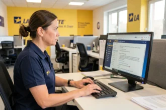 Agente de La Poste en uniforme consultant le portail numérique de remplacement sur son ordinateur de bureau dans un bureau administratif