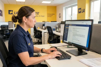 Agente de La Poste en uniforme consultant le portail numérique de remplacement sur son ordinateur de bureau dans un bureau administratif