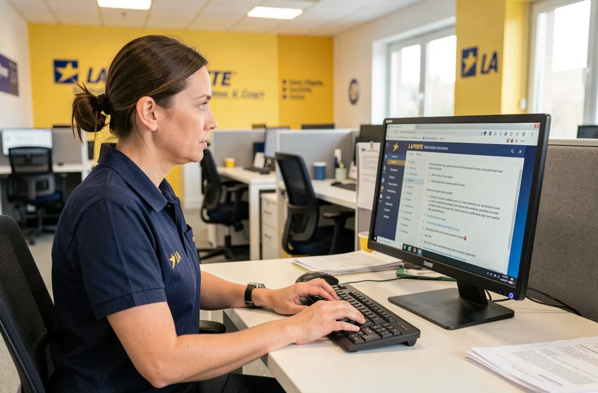 Agente de La Poste en uniforme consultant le portail numérique de remplacement sur son ordinateur de bureau dans un bureau administratif