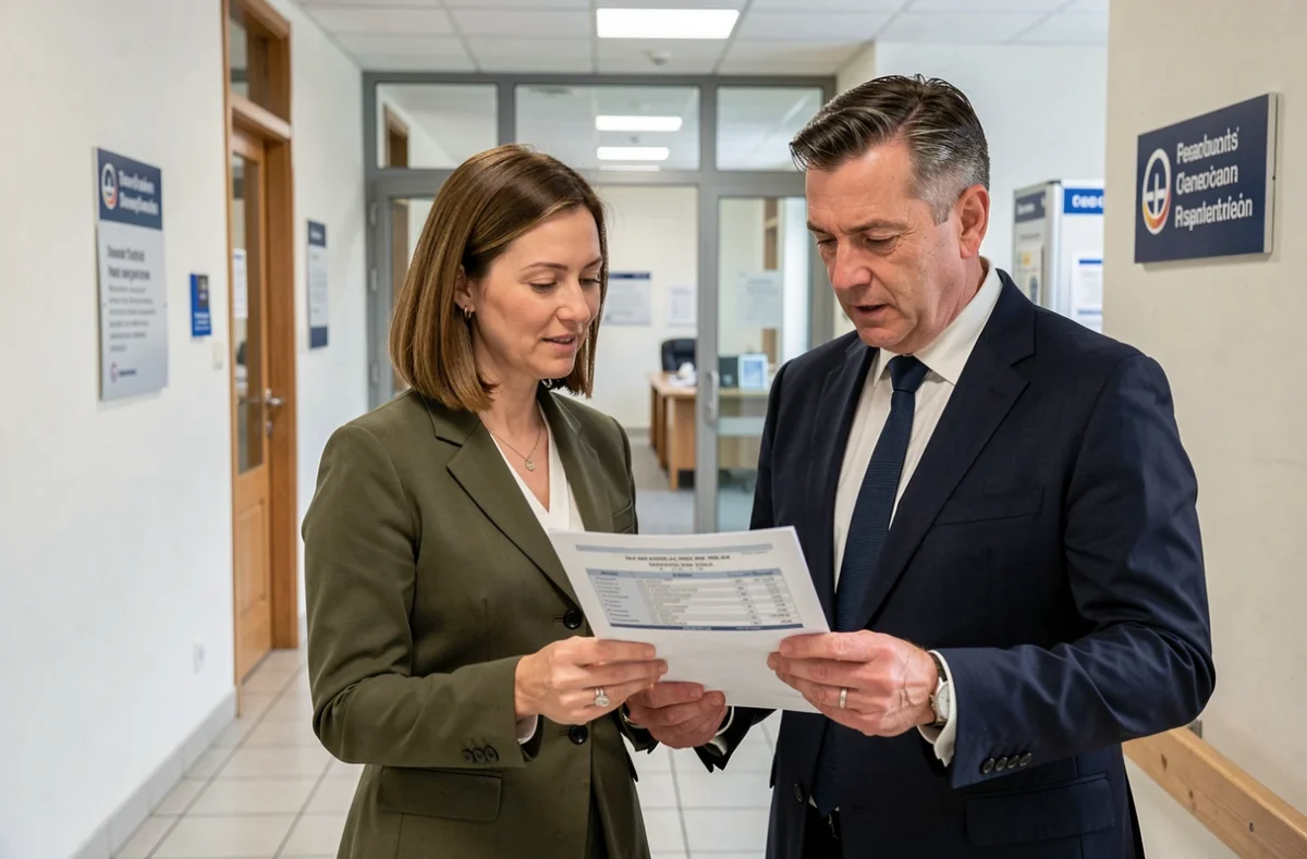 Deux agents de la fonction publique discutant d'un document sur le salaire contractuel dans un couloir administratif