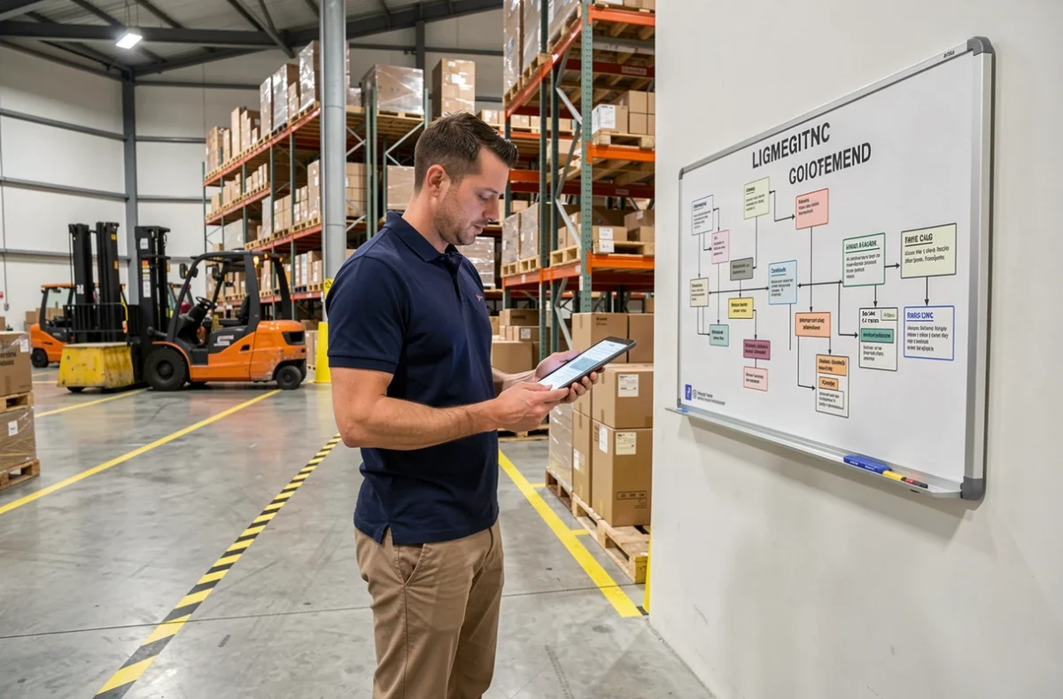 Consultant en recrutement logistique évaluant un profil sur tablette au sein d'un entrepôt moderne de supply chain