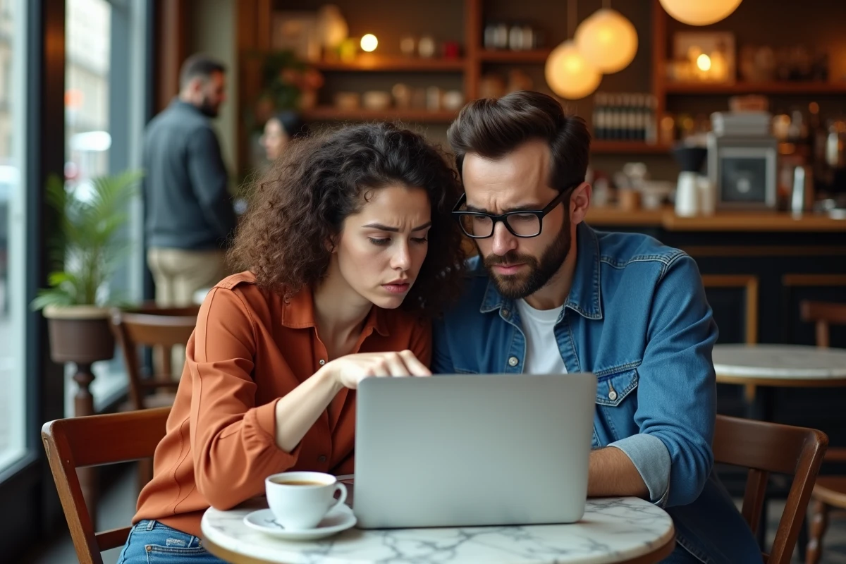 Deux jeunes professionnels du marketing digital analysant des erreurs de campagne sur un ordinateur portable dans un café parisien