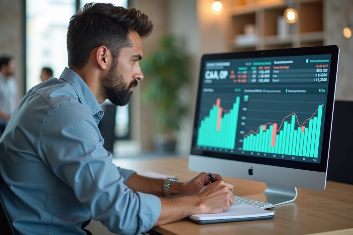 Analyste financier étudiant un tableau de bord sur son ordinateur