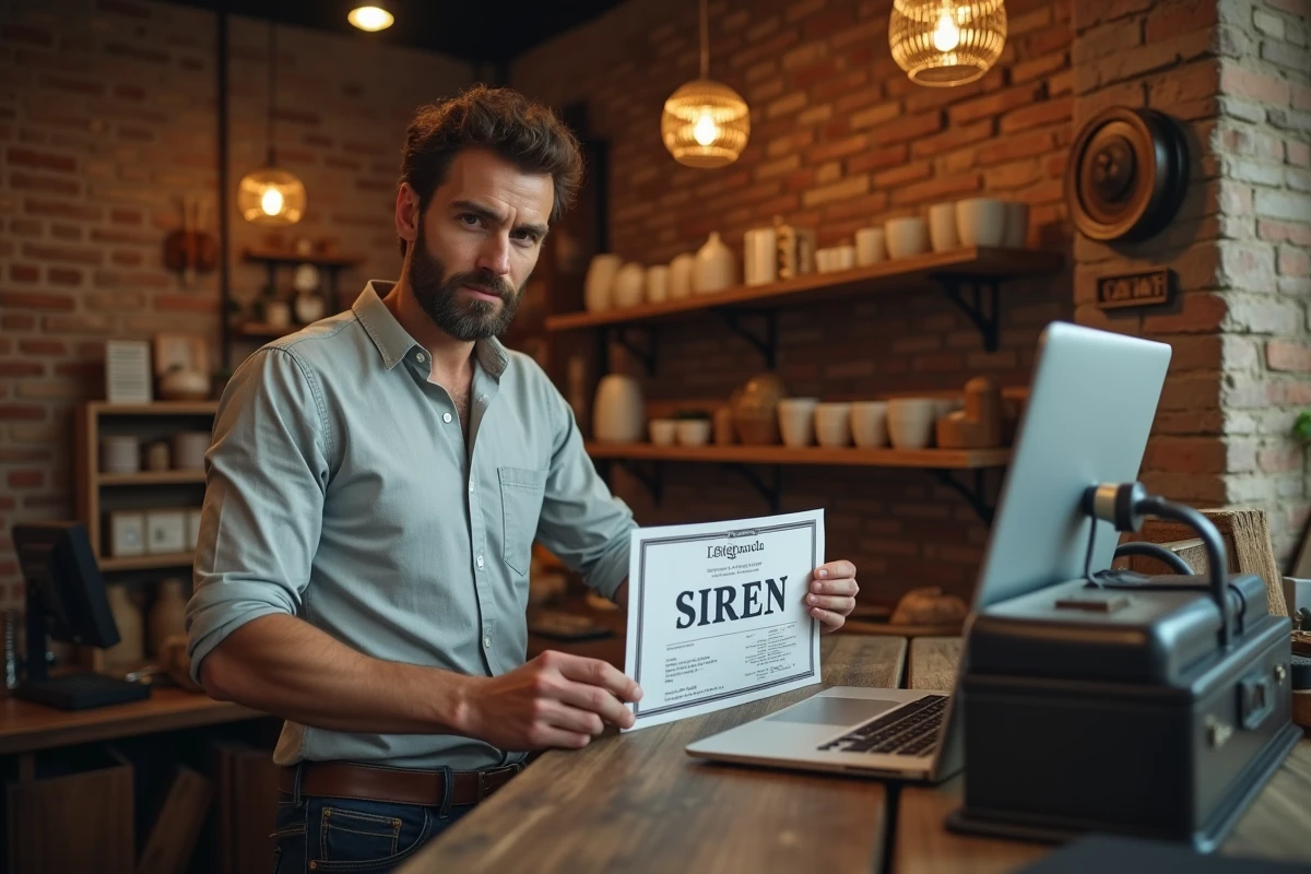 Artisan français consultant son numéro SIREN sur un certificat d'immatriculation dans sa boutique