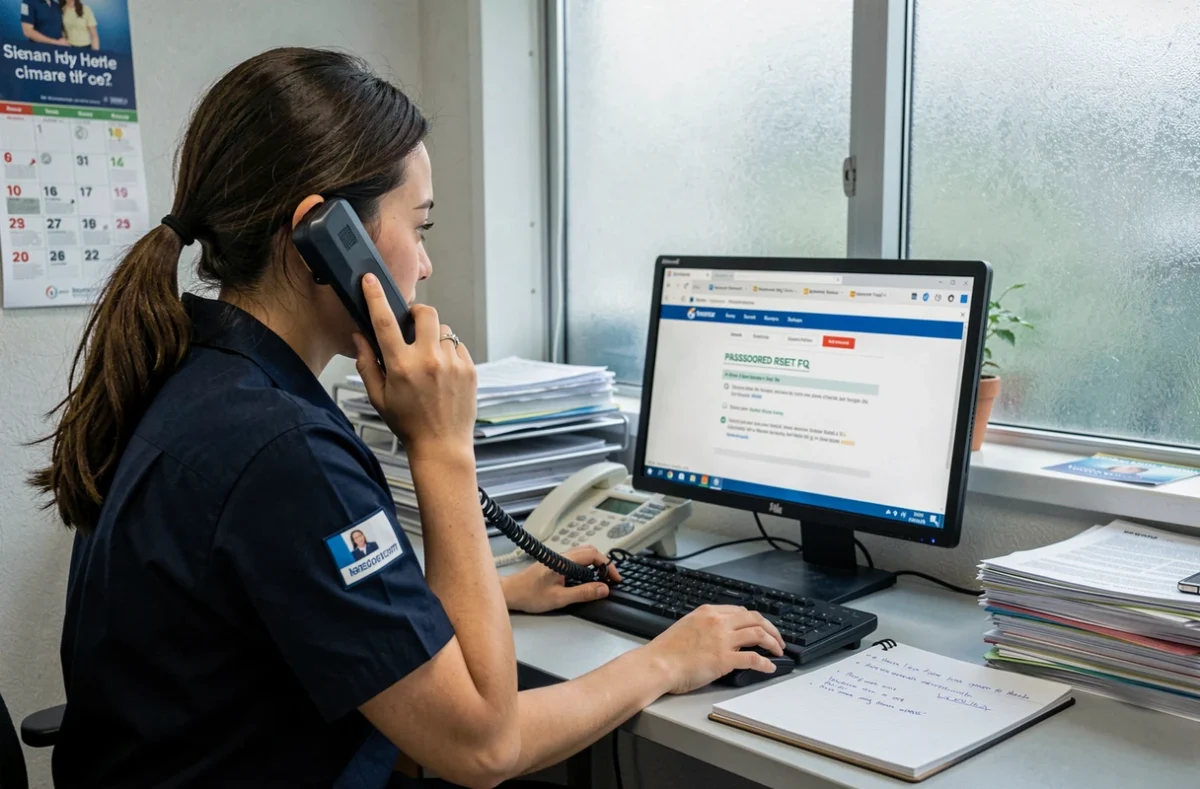 Assistante administrative en contact téléphonique pour résoudre un problème de mot de passe sur l'intranet Marie Blachère