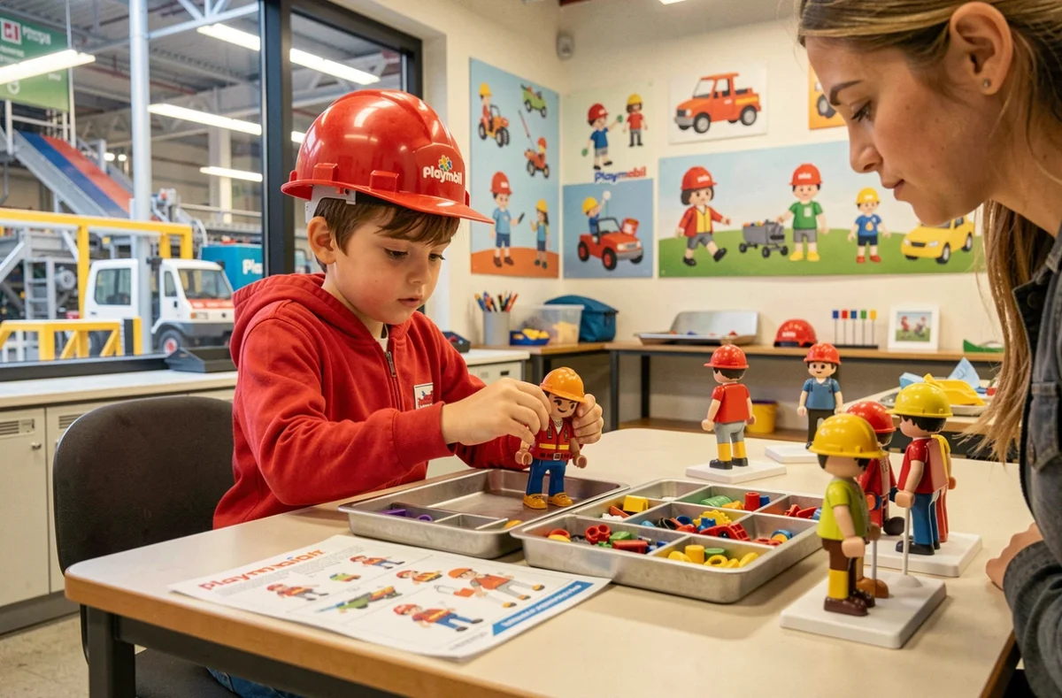 Enfant assemblant une figurine Playmobil lors d'un atelier pédagogique en usine, concentré sur les petites pièces plastiques colorées