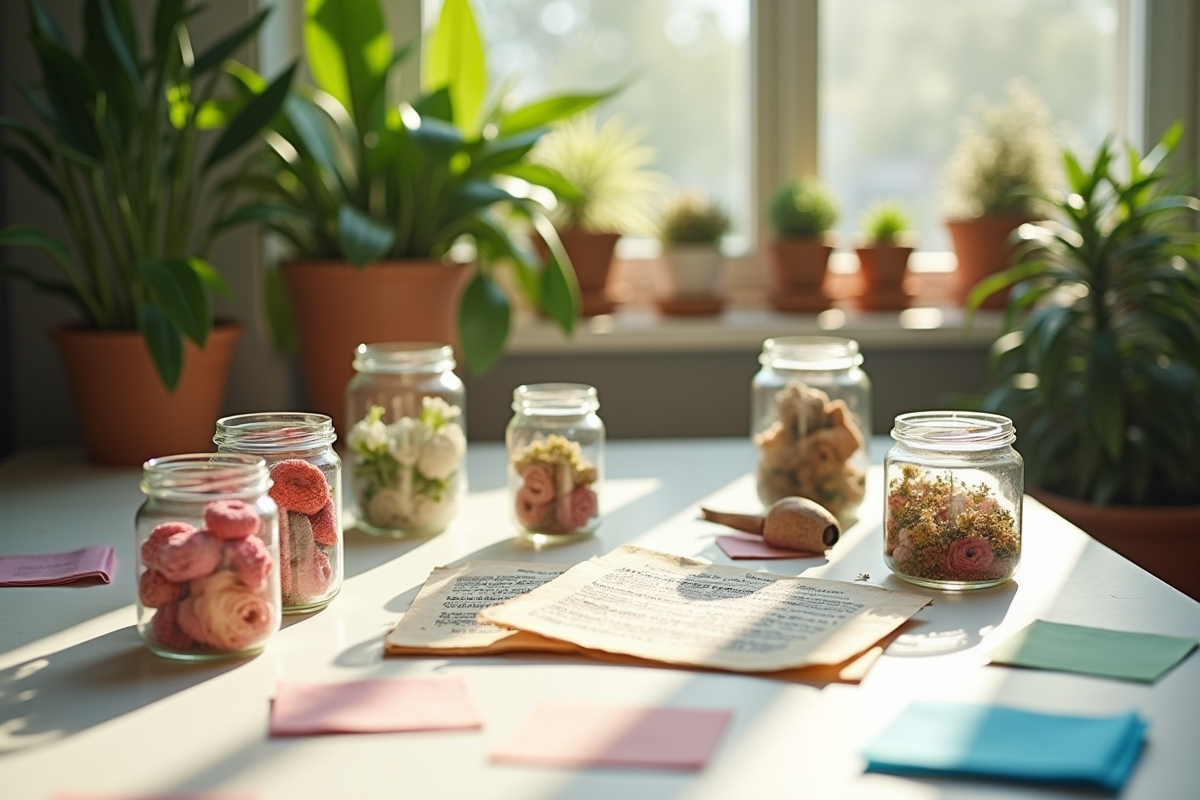Espace de travail créatif avec objets upcycle et plantes vertes