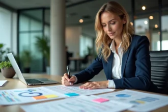 Professionnelle analysant une grille d'audit marketing d'impact consommateur dans un bureau moderne