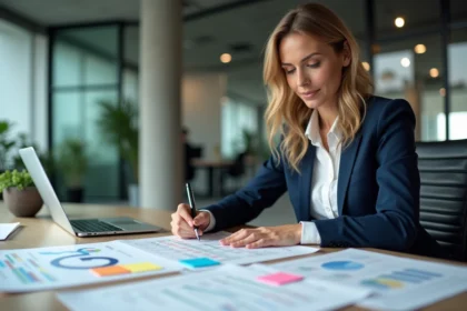 Professionnelle analysant une grille d'audit marketing d'impact consommateur dans un bureau moderne