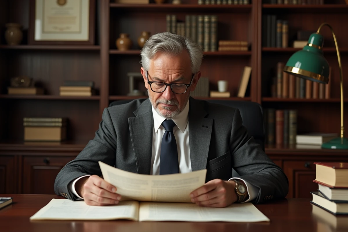 Avocat spécialisé en droit du travail analysant un document juridique relatif à l'article 1235-3 du Code du travail dans un cabinet professionnel