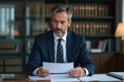Avocat français en costume bleu examinant un document officiel