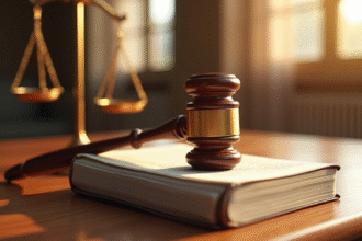 Gourde en bois sur un livre de droit avec balance de justice floue