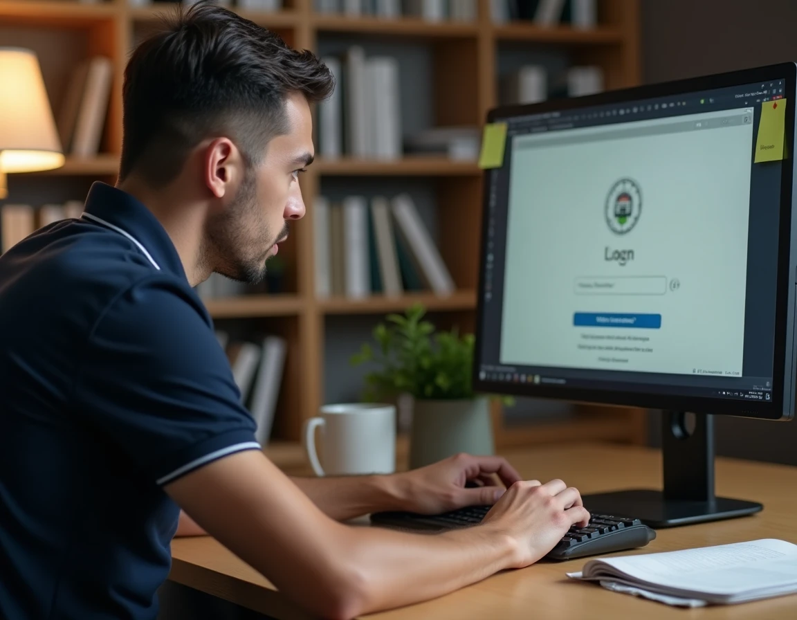 Homme administrateur RH tentant de se reconnecter à Octime depuis son bureau après un blocage de compte