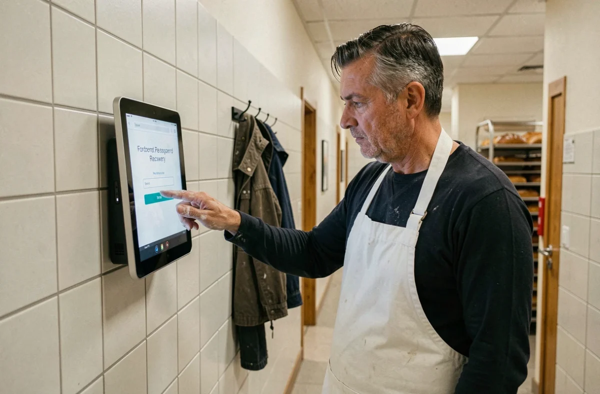 Boulanger utilisant une tablette murale pour récupérer son accès à l'intranet Marie Blachère