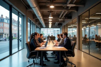 Professionnels dans un cabinet de recrutement moderne dans les Hauts-de-France, autour d'une table de réunion avec CV et ordinateurs portables
