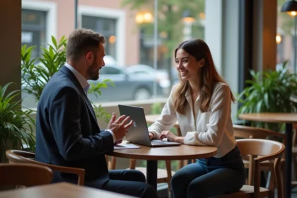 Jeune femme en discussion avec un homme au café