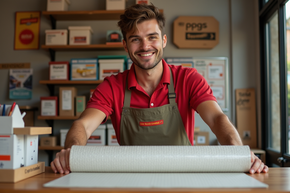Jeune vendeur manipulant du papier bulle dans une boutique française