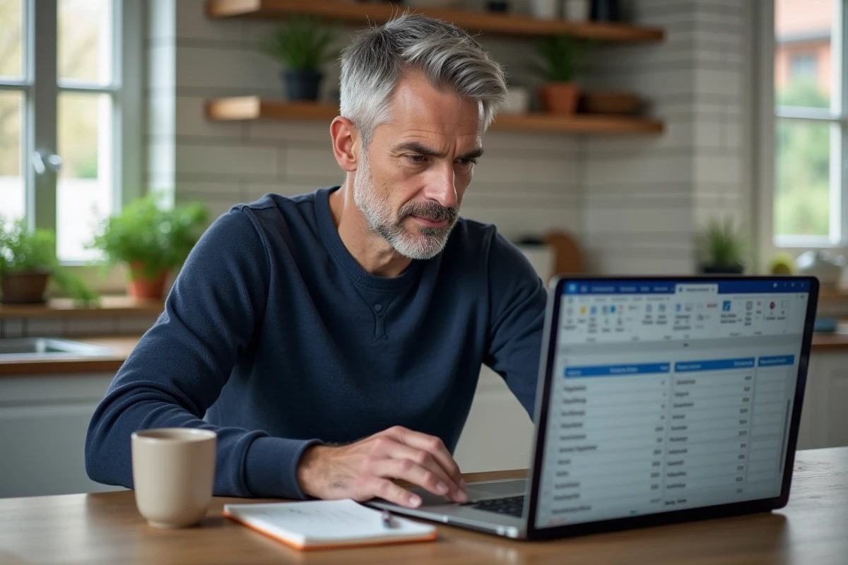 Homme calculant 151,67 heures mensuelles sur un tableur depuis son domicile avec carnet de notes