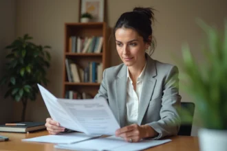 Femme auto-entrepreneur calculant ses cotisations URSSAF sur des documents financiers à son bureau à domicile