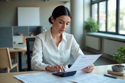 Femme calculant le nombre d'heures mensuelles de travail à partir de 35h hebdomadaires sur une calculatrice de bureau