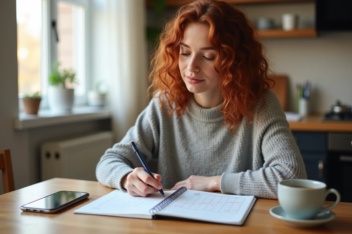 Jeune femme calculant ses heures de travail avec un planning variable depuis son domicile