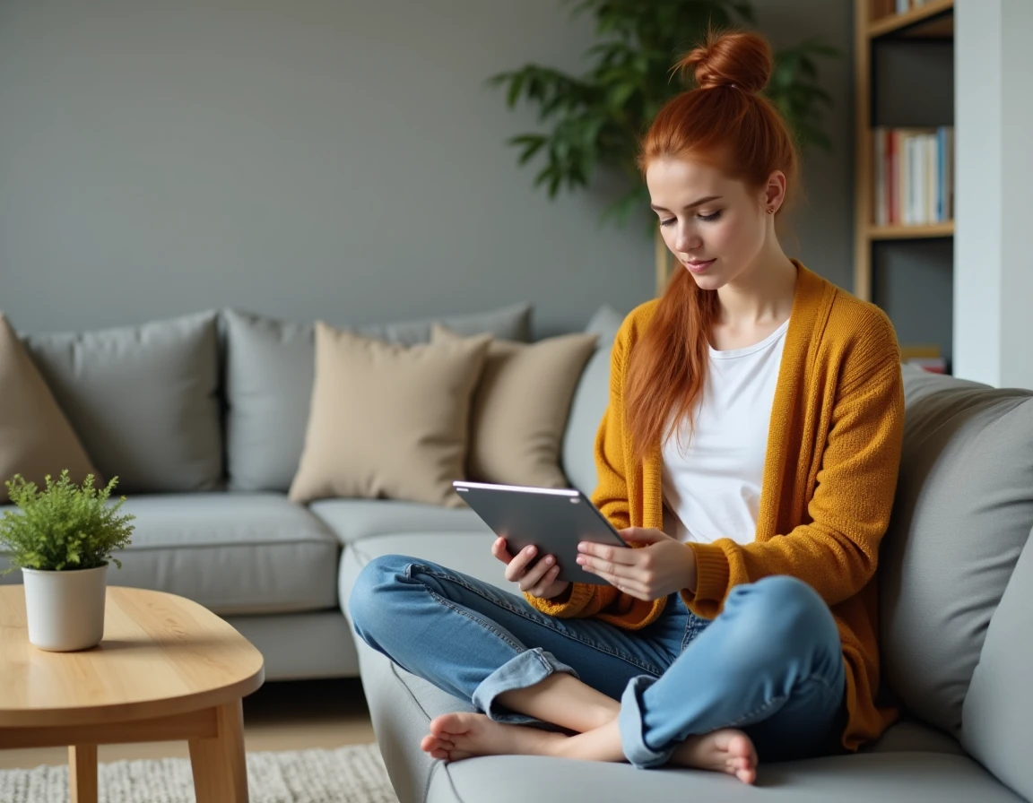 Jeune femme calculant son indemnité de fin de CDD sur une tablette depuis son salon