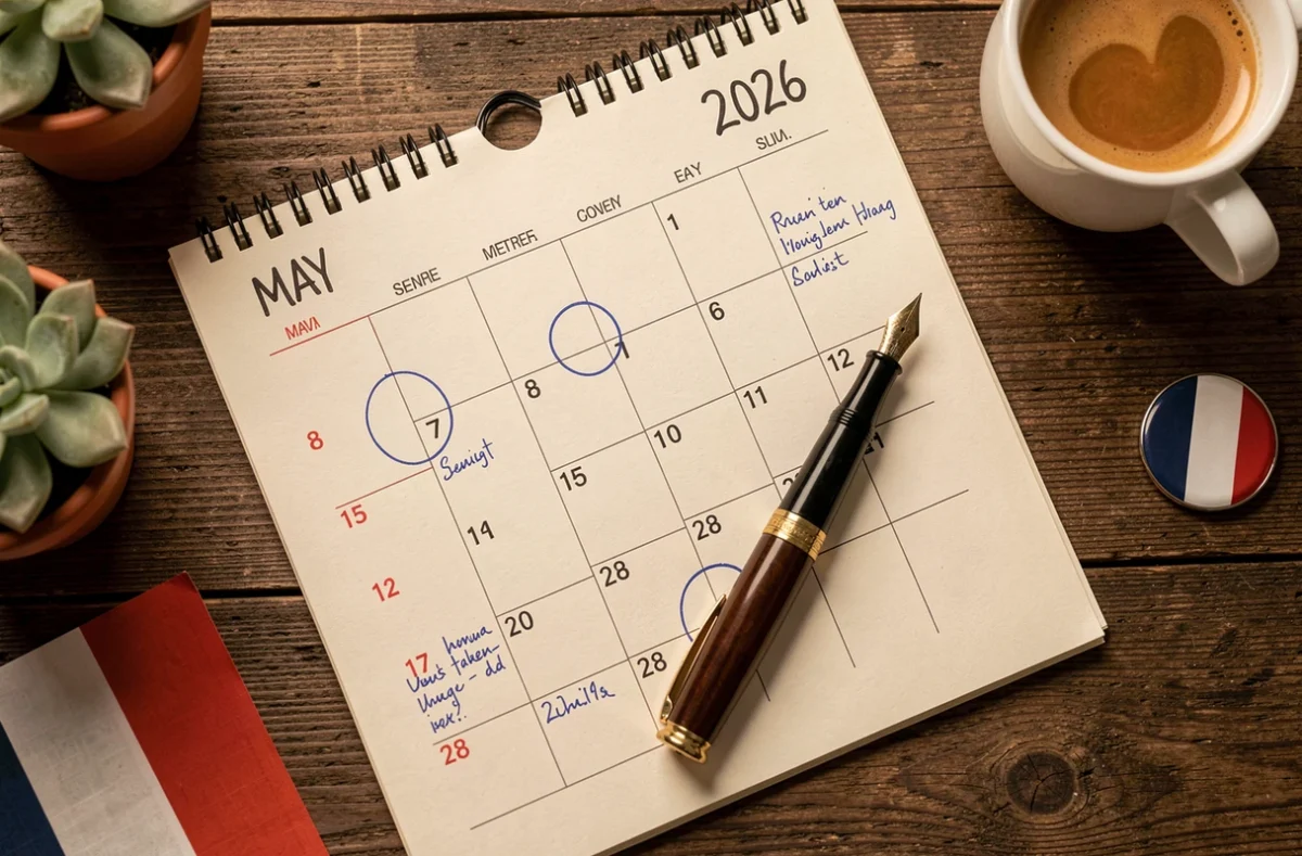 Vue aérienne d'un calendrier 2026 annoté avec les jours fériés et congés en France