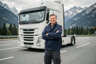 Chauffeur poids lourd devant son camion dans une aire de repos suisse avec paysage alpin en arrière-plan