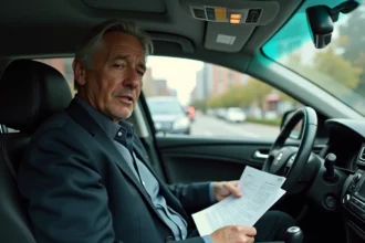 Chauffeur de taxi en train d'examiner des documents administratifs liés au prix de la licence taxi 2026 dans son véhicule