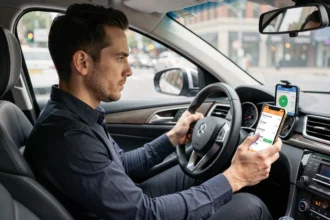 Chauffeur VTC dans son véhicule consultant une application de mise en relation sur smartphone pour comparer ses revenus