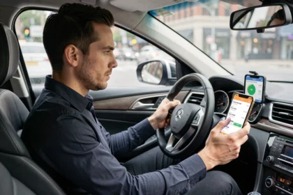 Chauffeur VTC dans son véhicule consultant une application de mise en relation sur smartphone pour comparer ses revenus