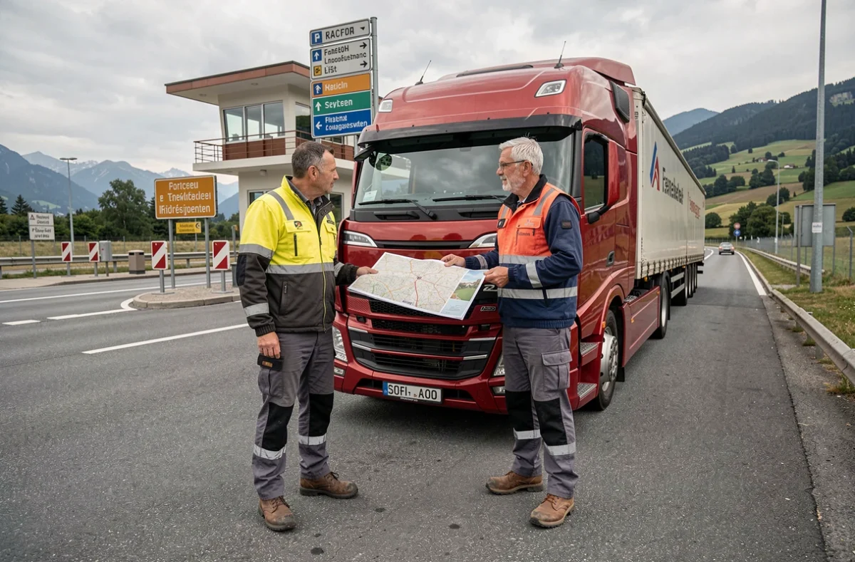 Deux chauffeurs poids lourd discutant à un poste frontière franco-suisse avec leur camion en arrière-plan