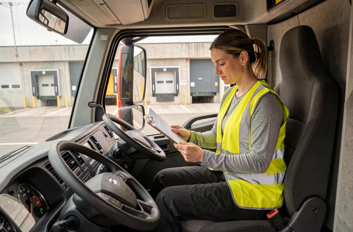 Chauffeuse de camion professionnelle dans la cabine de son poids lourd dans un dépôt logistique suisse