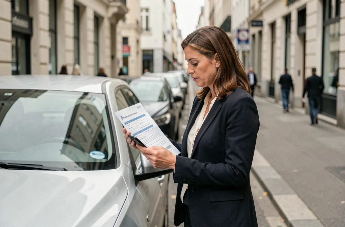 Chauffeuse VTC debout devant son véhicule comparant des contrats de plateformes pour optimiser ses revenus
