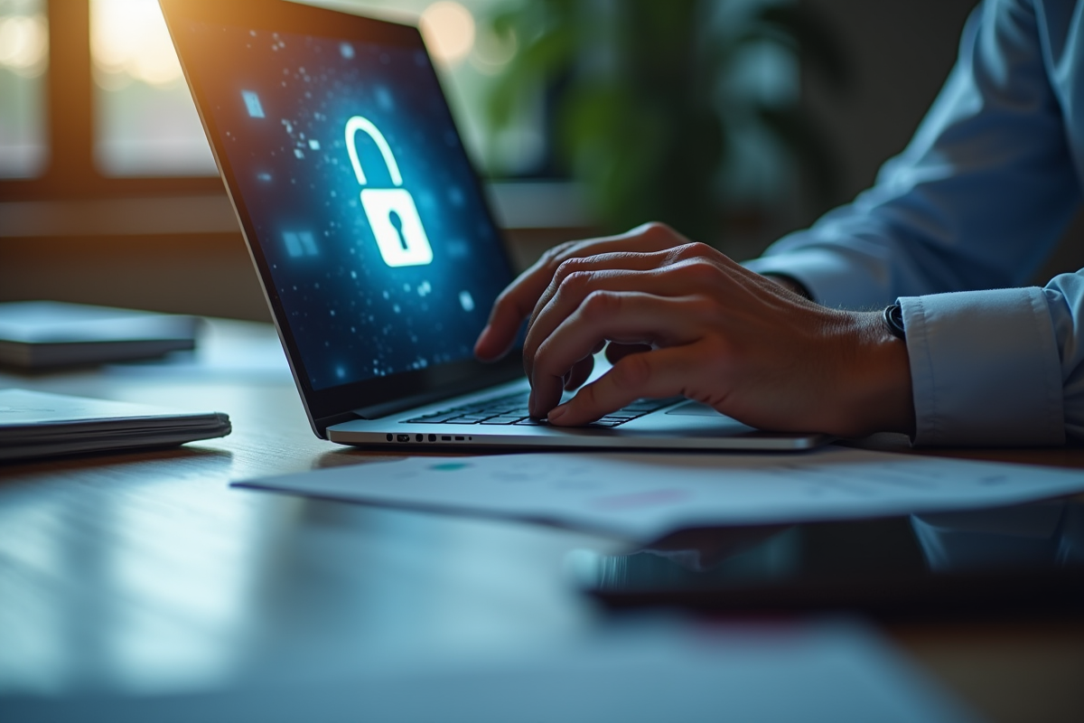 Main d’un professionnel sur un clavier avec cadenas lumineux