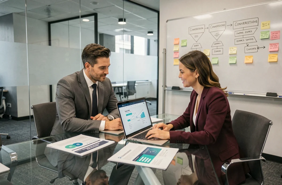 Deux professionnels B2B collaborant sur la stratégie d'optimisation d'un site vitrine SaaS en salle de réunion