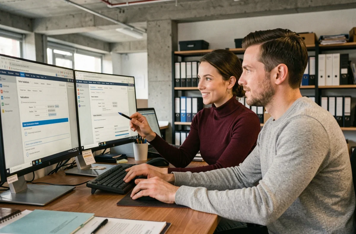 Deux collègues paramétrant ensemble les règles de validation dans un logiciel de comptabilité