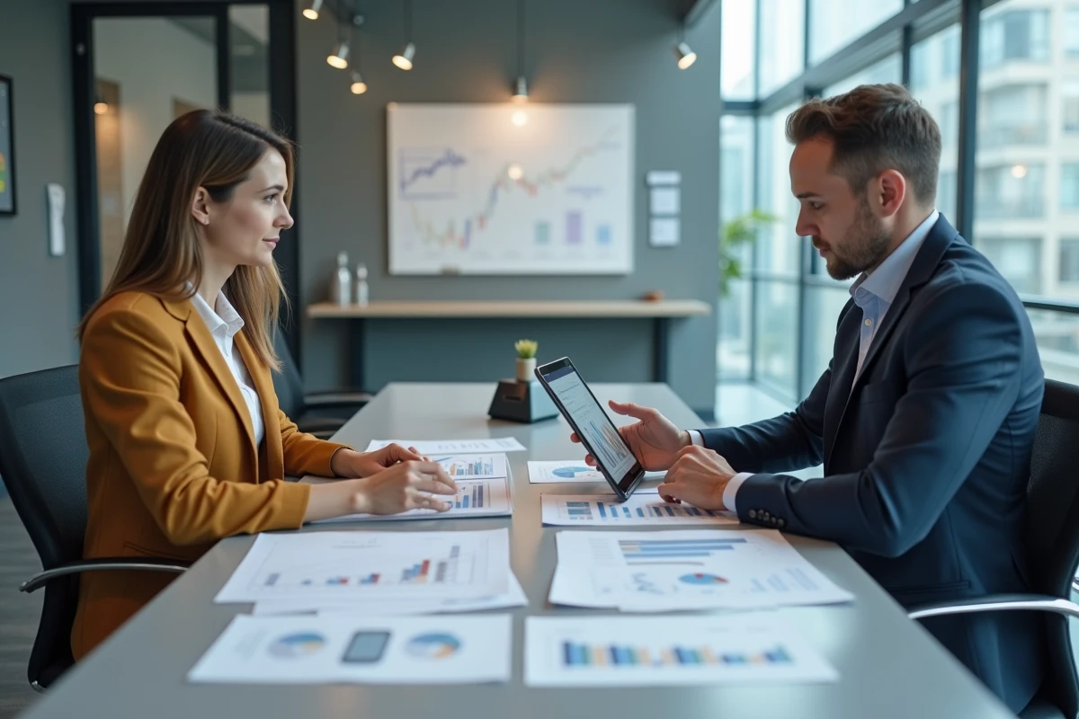 Deux professionnels B2B collaborant sur des rapports financiers et une plateforme de gestion en salle de réunion