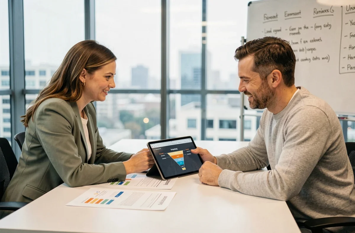 Deux collègues collaborant sur une stratégie d'offre en ligne rentable avec une tablette en salle de réunion